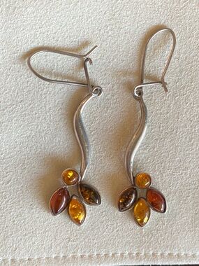 Vintage Sterling Silver Amber Drop Leaf Earrings - Yellow & Brown